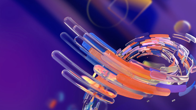 Purple background with colorful swirl design. 